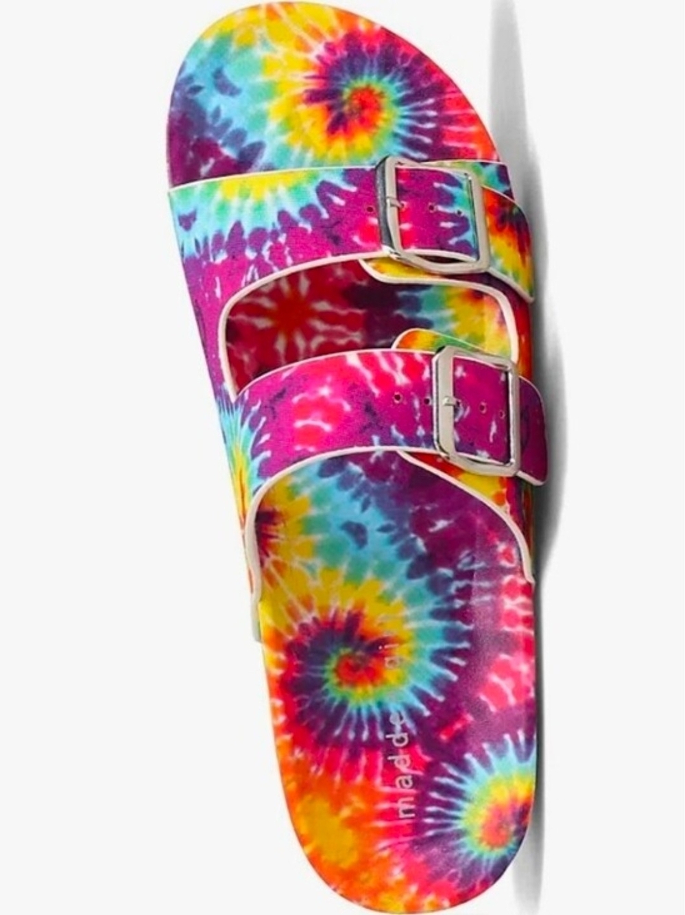 Madden Girl Tie-Dye Dual-Buckle Slide Sandal - Pink, Yellow, Blue, Purple
